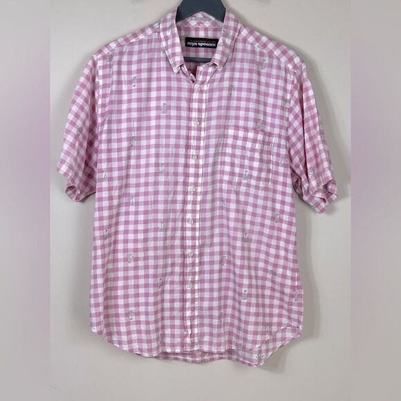 Reyn Spooner Checkered Palm Trees Hawaiian Button Down Shirt Mens Large - Picture 1 of 8